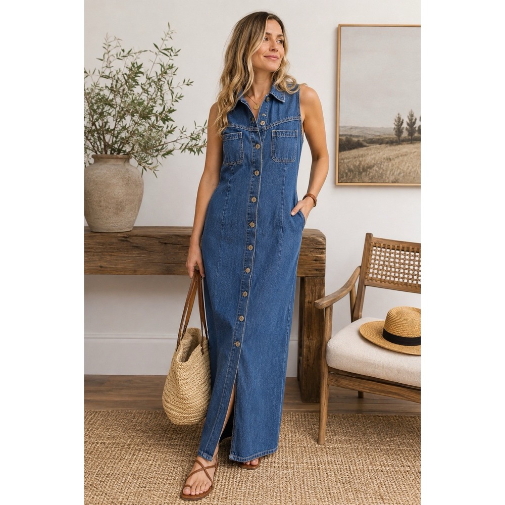 Vintage J.L.N.Y. Denim Maxi Dress XL 100% Cotton Western Button Blue Fitted